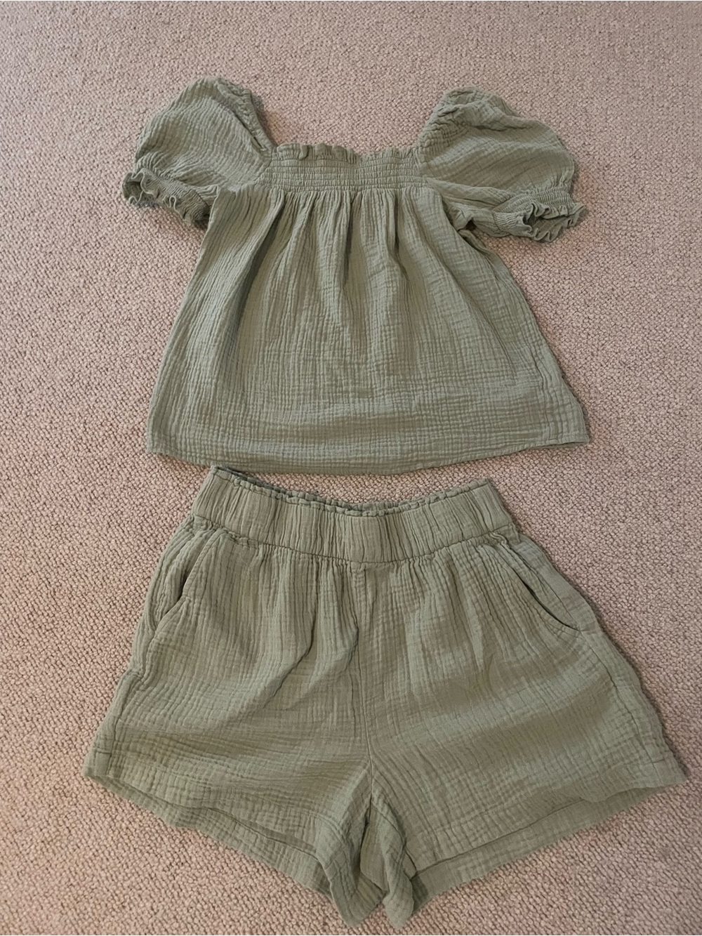 J. Crew sage Green Smocked  short set